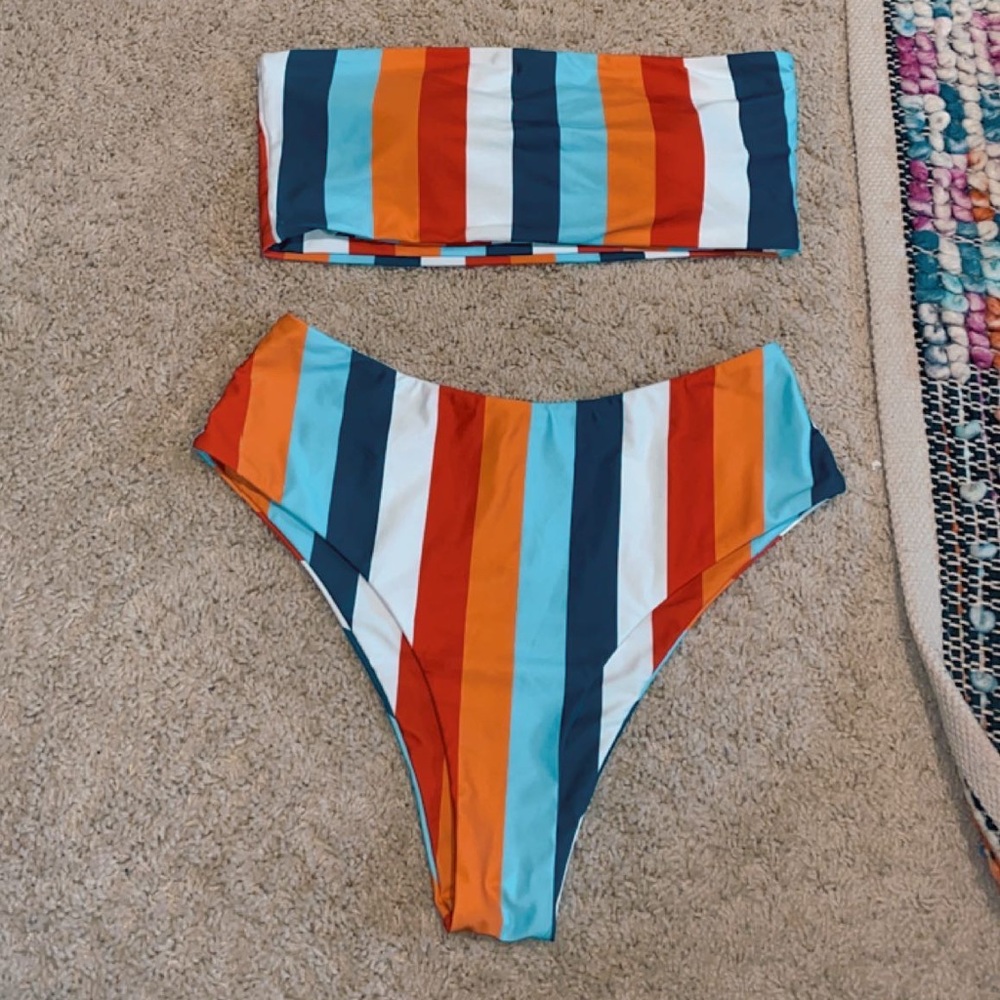 SHEIN Striped Bandeau High Waisted Bikini Swimsuit